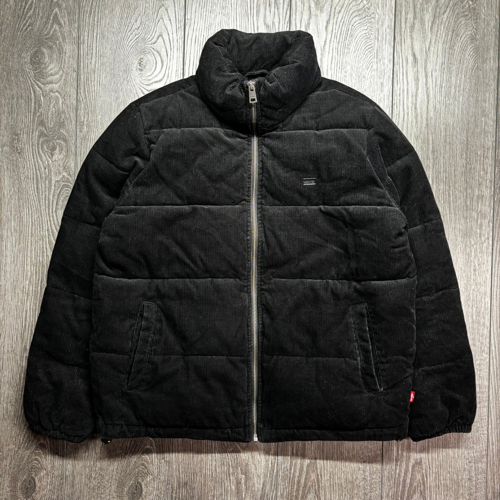 Levis Mens Black Corduroy Puffer Jacket Quilted Full Zip Coat Size M